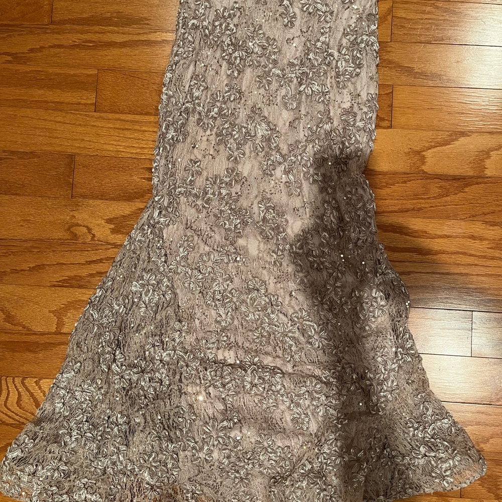 Xscape Strapless Floral Lace Dress in Taupe - Picture 6 of 8
